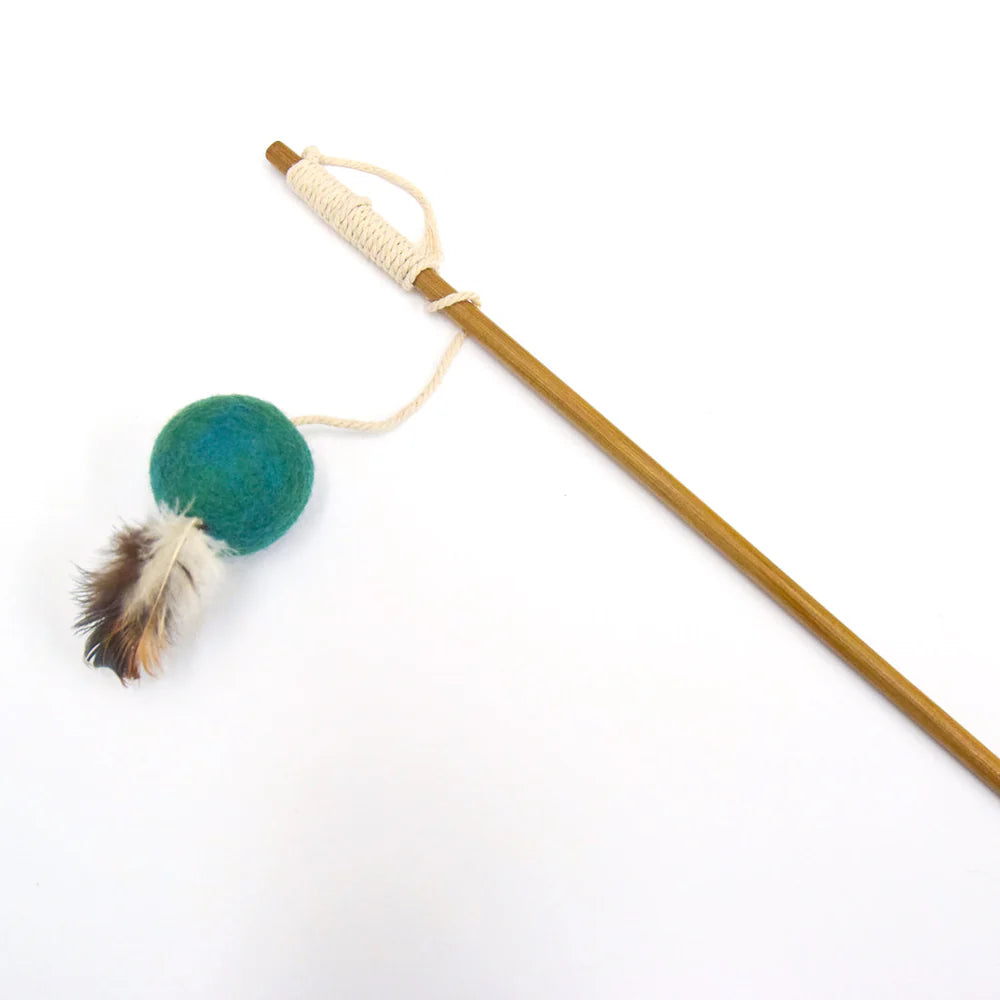 Handmade Feather Teaser Cat Wand - Teal Ball