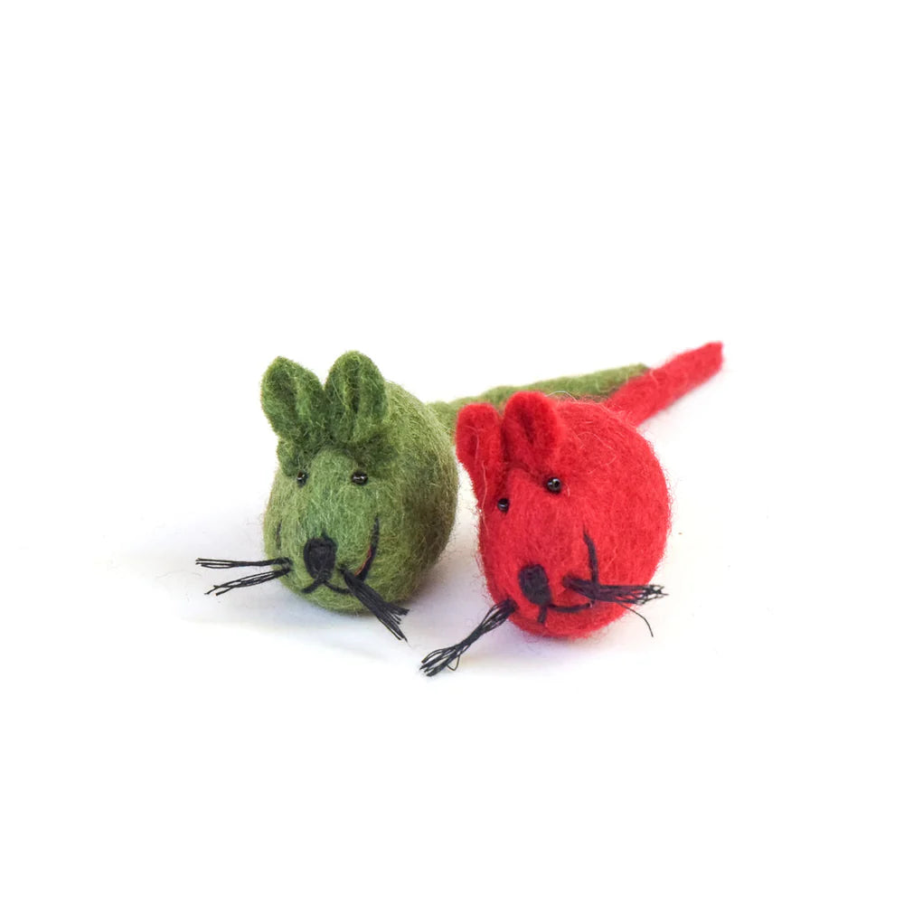 Handmade Felt Mouse Toys (2) - Green &amp; Red